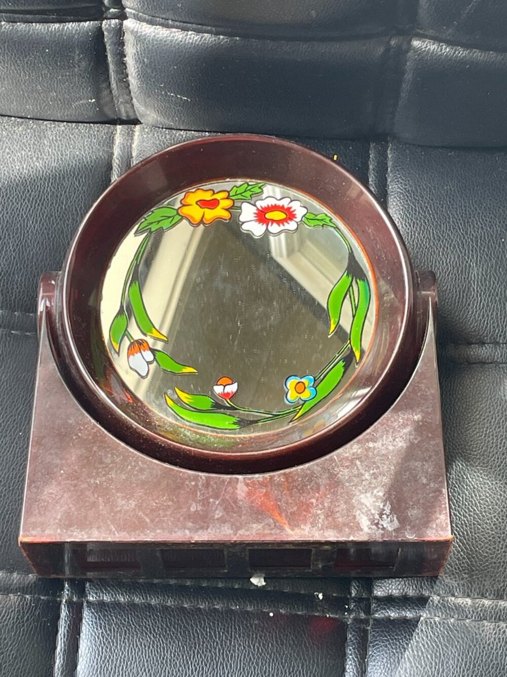 vintage 1970s Yap's brown lucite vanity mirror and wind-up music box